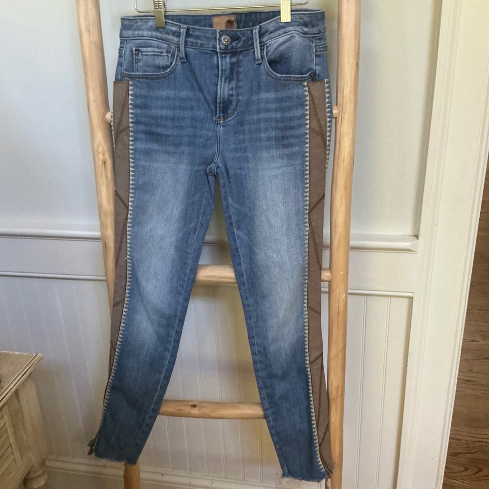 Driftwood Jackie High Rise Skinny Jeans Blue Embroidered Suede Side Panel 26